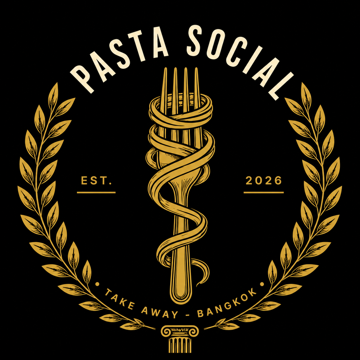 Pasta Social — gold pasta fork and laurel emblem, established 2026, takeaway Bangkok